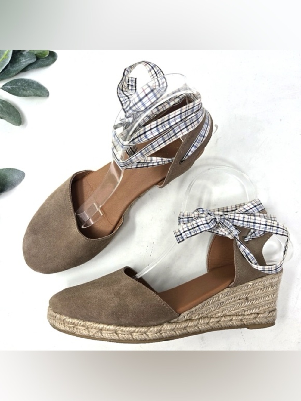 Barbour Suede Espadrilles Wedge Sandals Strappy Plaid Tie Heels US 9/ UK 7- NWT